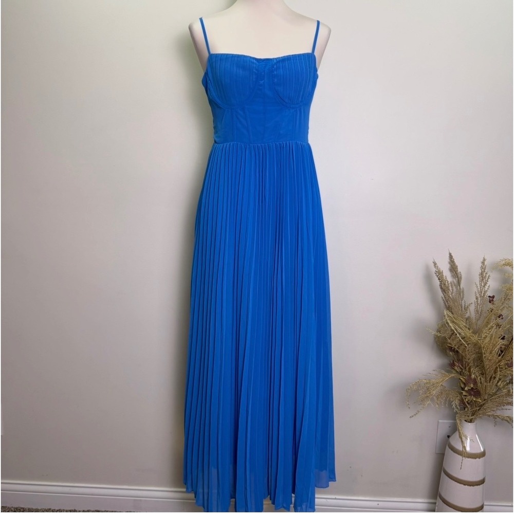 Reflows Large Royal Blue Pleated Chiffon Bustier Maxi Dress Spaghetti Strap
